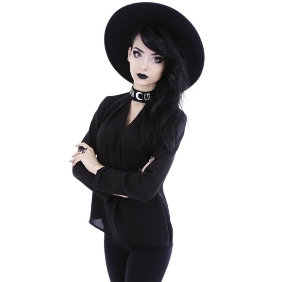 Restyle Witchcraft Moon V‑Neck Choker Blouse – Black, Gothic Long Sleeve Top XL - Picture 3 of 4